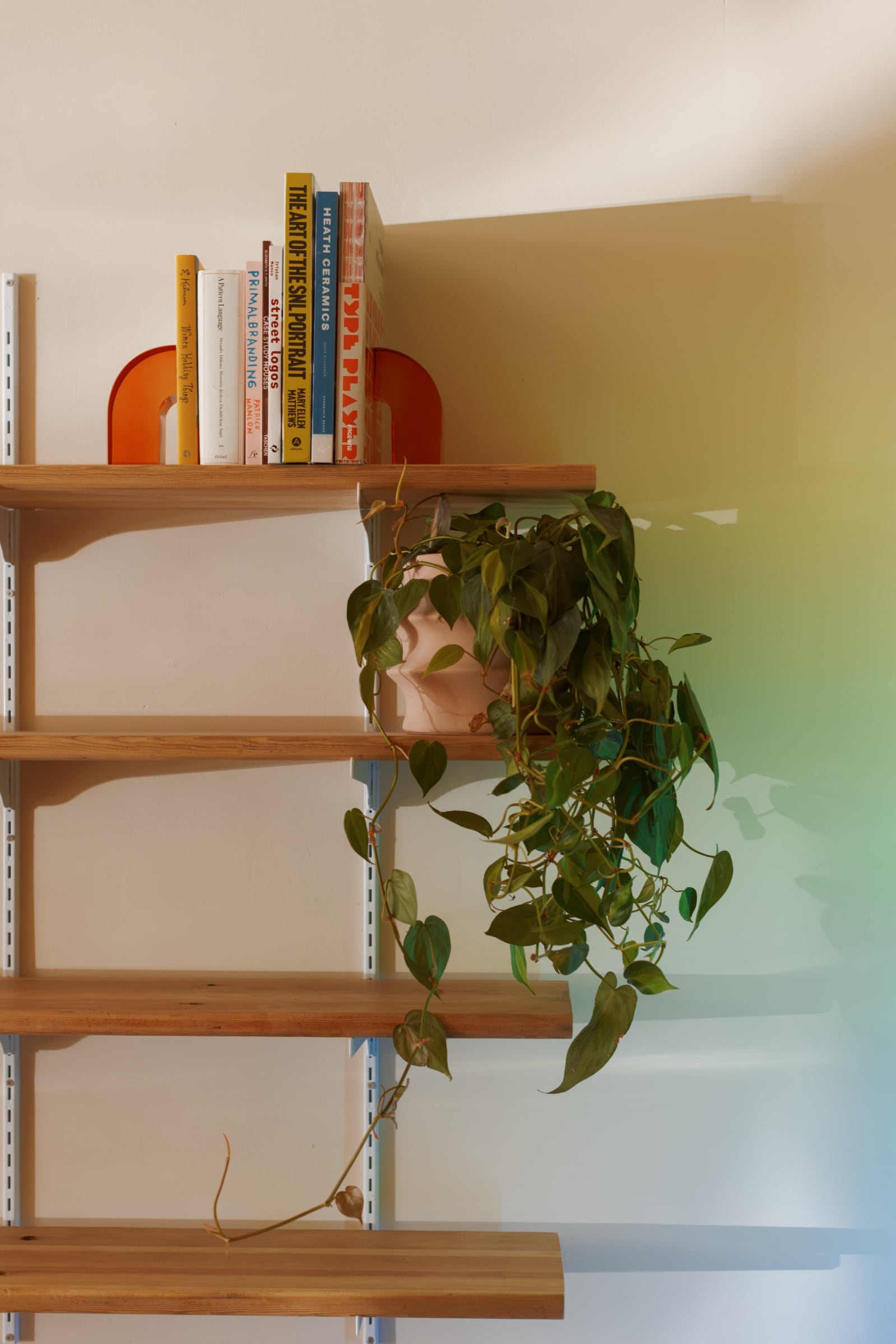 Reclaimed wood shelves on white wall brackets, the top one holding design books between orange acrylic bookends, with a pothos trailing down from a pink pot.